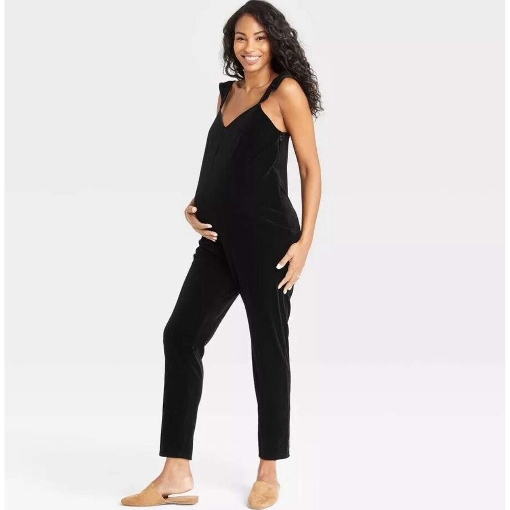 The Nines by Hatch Black Velvet Maternity‎ Jumpsuit Ruffle Strap Wide Leg XS